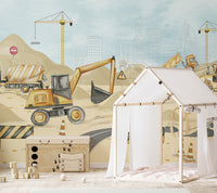 Excavator and crane wall mural wallpaper for nursery wall decor.