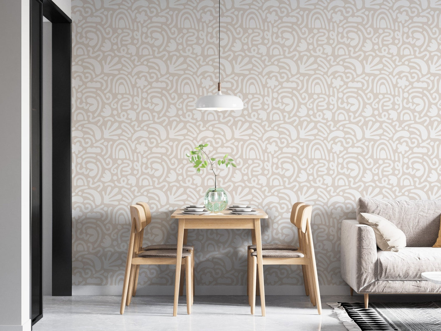 Contemporary Abstract Art Scandinavian Wallpaper in a dining area with twin chairs.