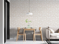 Contemporary Abstract Art Scandinavian Wallpaper in a dining area with twin chairs.