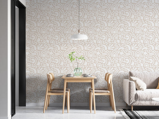 Contemporary Abstract Art Scandinavian Wallpaper in a dining area with twin chairs.