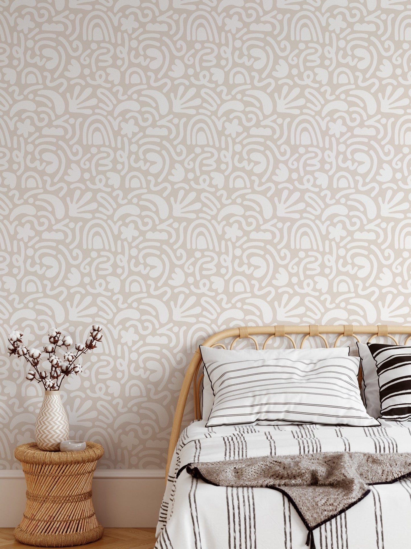Contemporary Abstract Art Scandinavian Wallpaper in a bedroom with striped bedding.