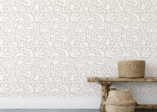 Contemporary Abstract Art Scandinavian Wallpaper in a living room with wicker baskets.