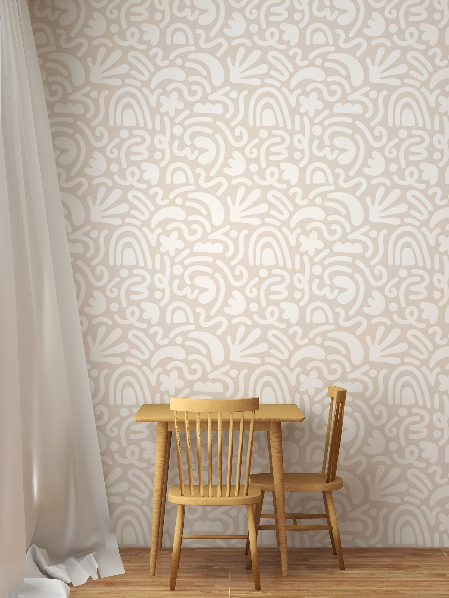 Abstract line art wallpaper in a small dining nook with wooden chairs.
