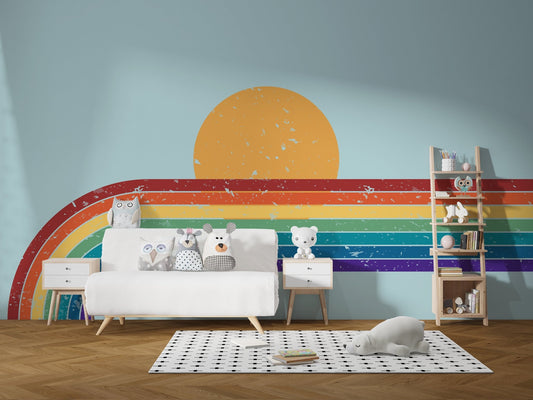 Nursery room featuring sun and rainbow themed bliss wall mural