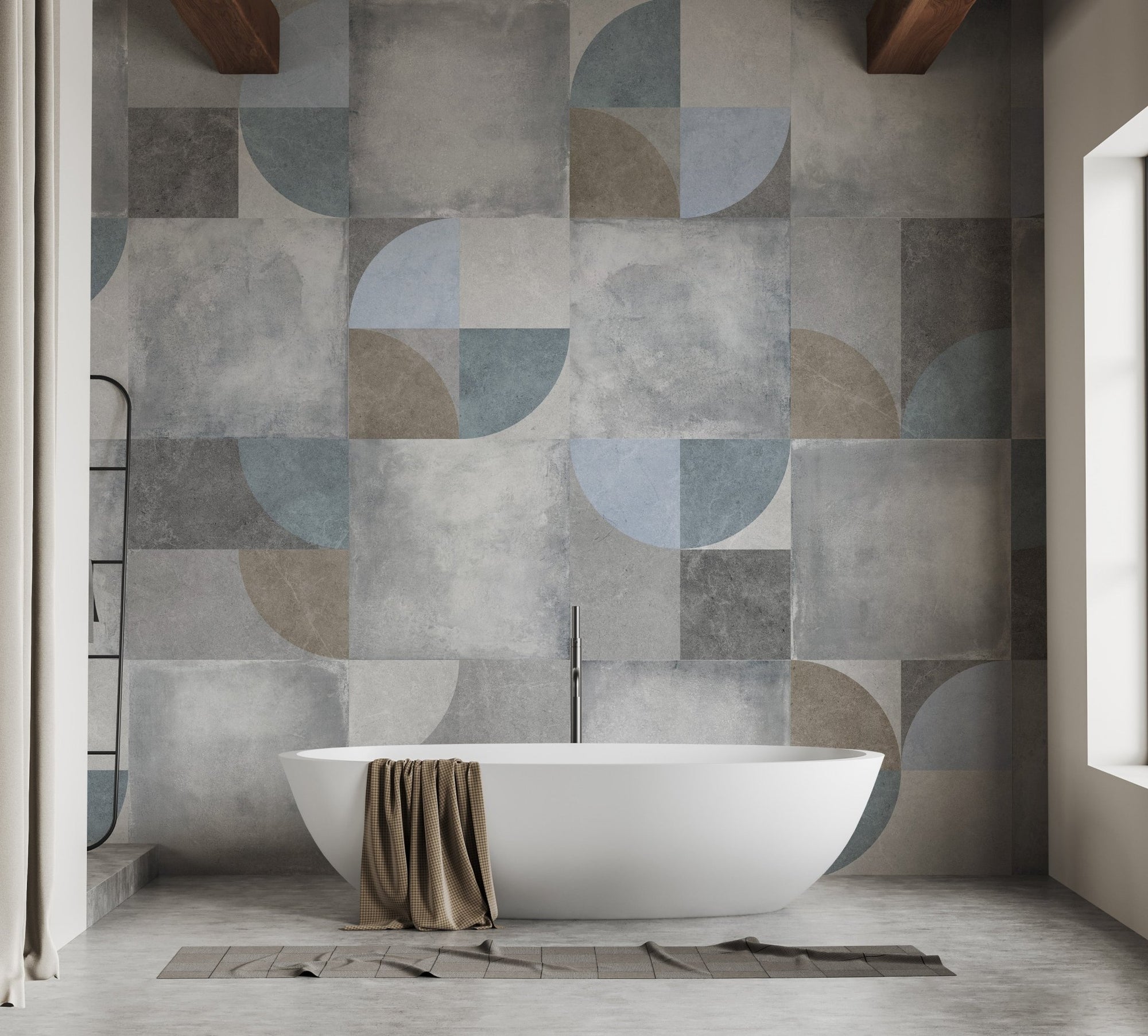 Contemporary circles wallpaper mural in grey and blue geometric pattern.