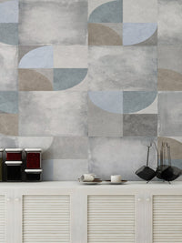 Modern abstract circles wallpaper mural with concrete texture finish.