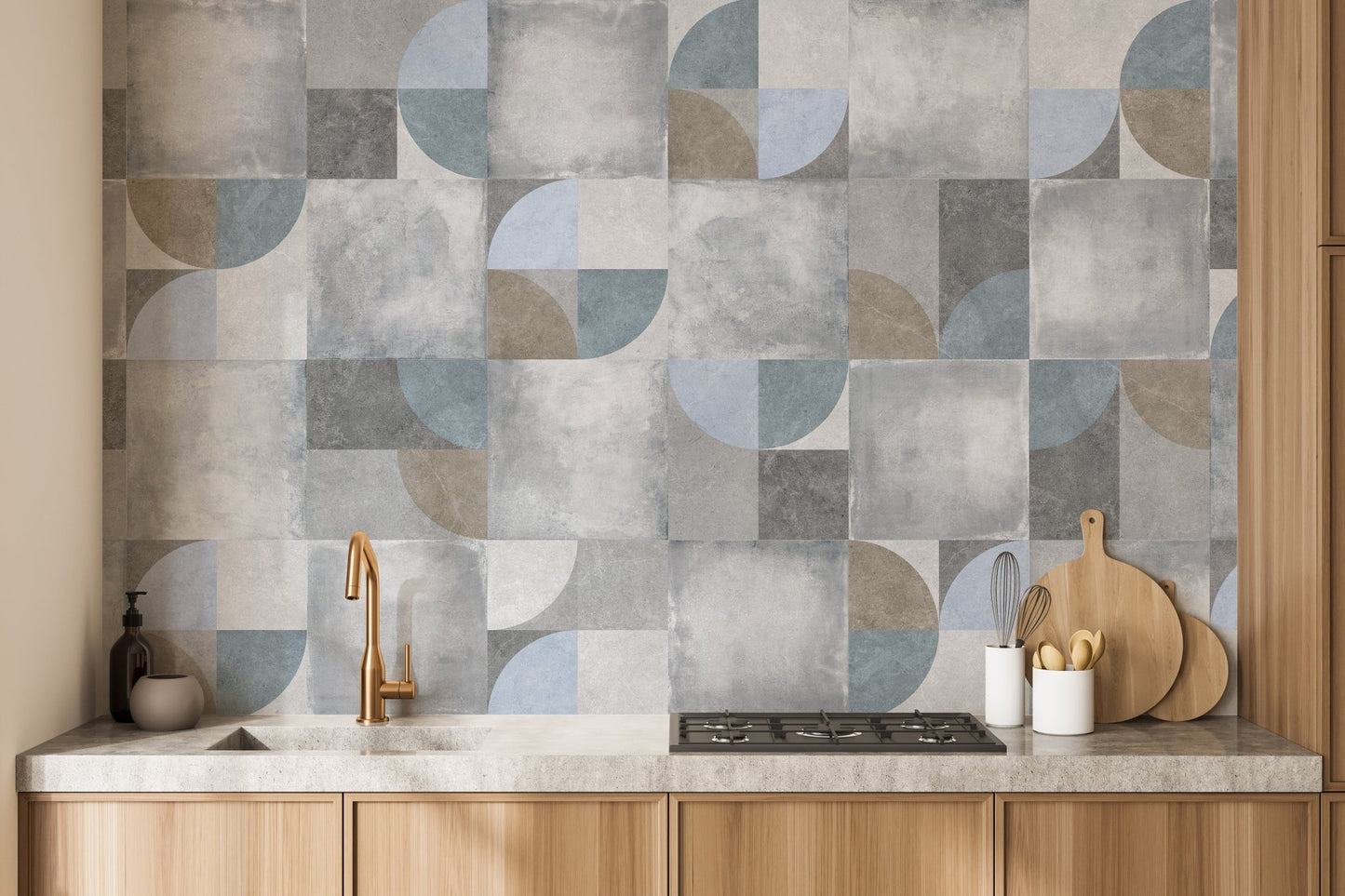 Scandinavian inspired circles wallpaper mural in cool neutral shades.