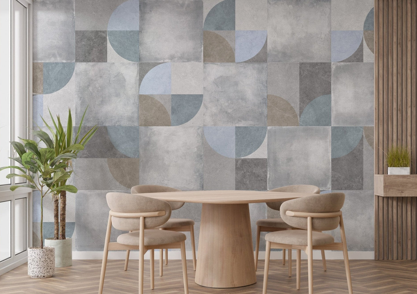 Matte finish geometric wall mural with layered circle forms.