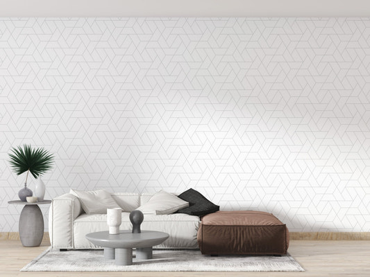 Modern lounge with Contemporary White Grid Wallpaper and a white and brown sofa.