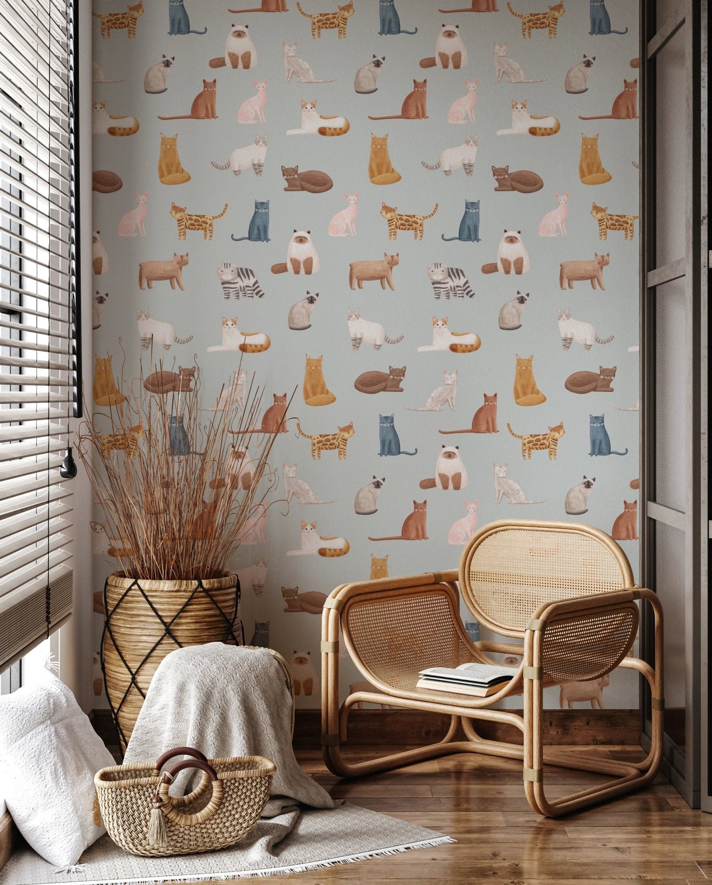 Minimalist cat wallpaper in soft, neutral tones.