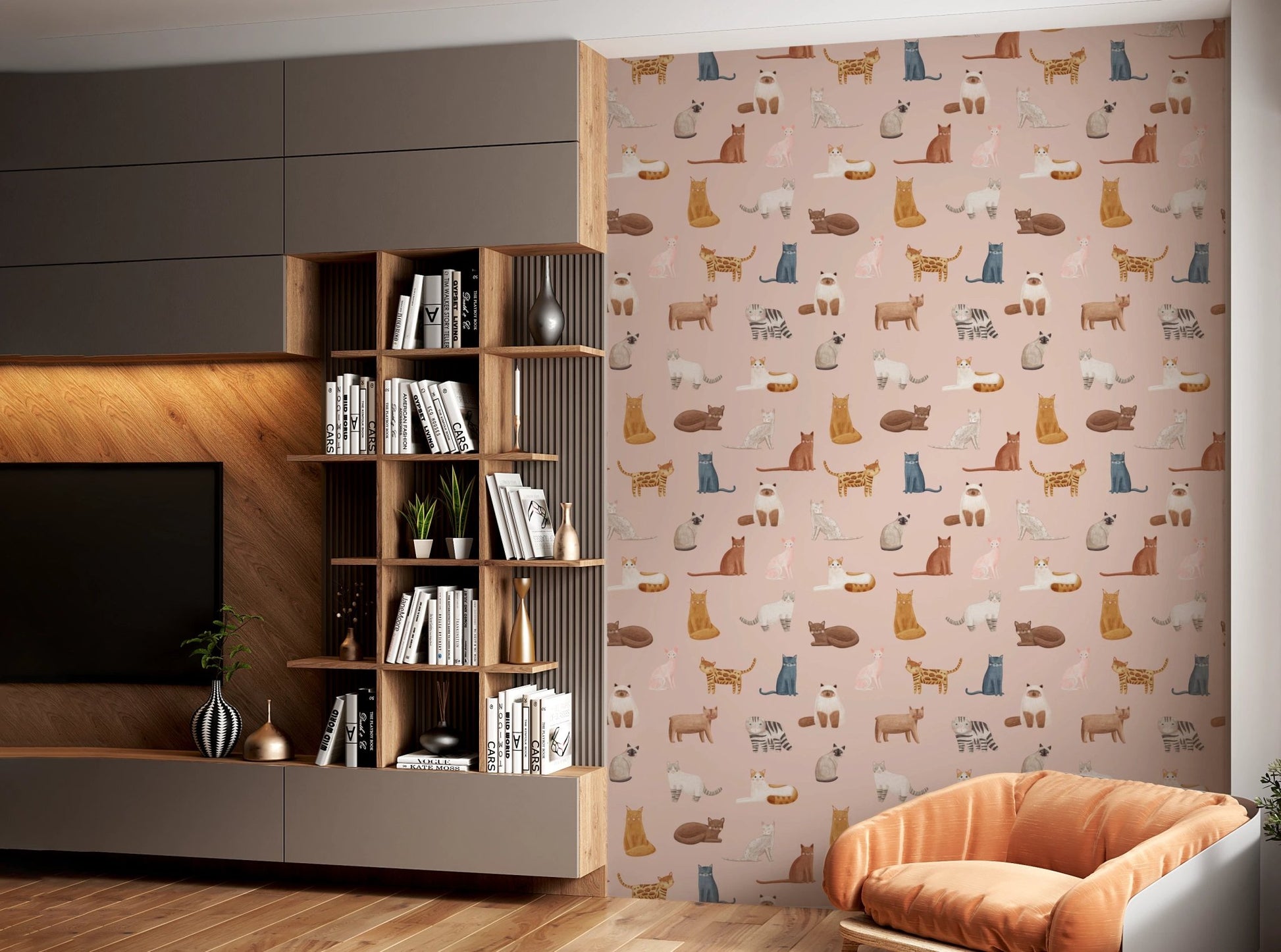 Cream fluffy cat on pink wall mural