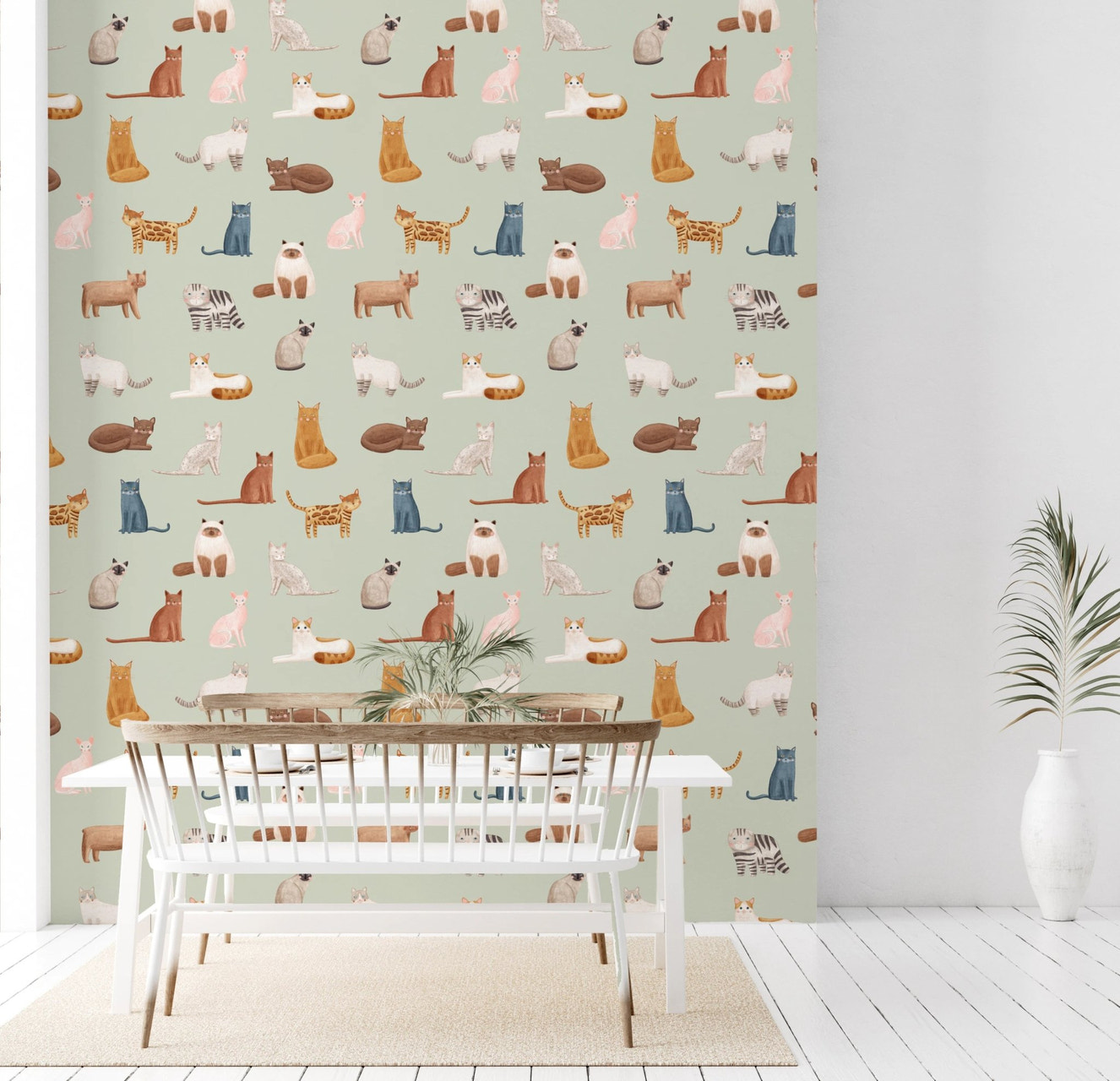 Whimsical hand-painted cat pattern nursery wallpaper