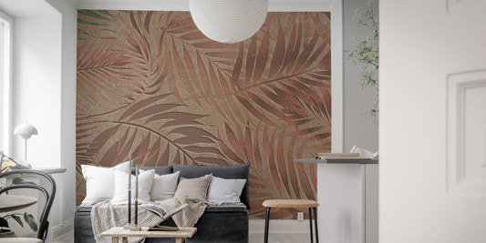 Copper Jungle Hideaway Wall Murals in a living room with a dark grey sofa.