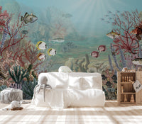 Oceanic mural showcasing colorful coral and sea life for kids room.
