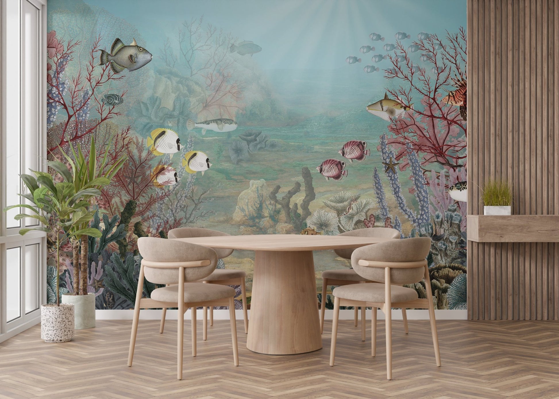 Marine-themed mural with corals and vibrant fish for dining room wall.
