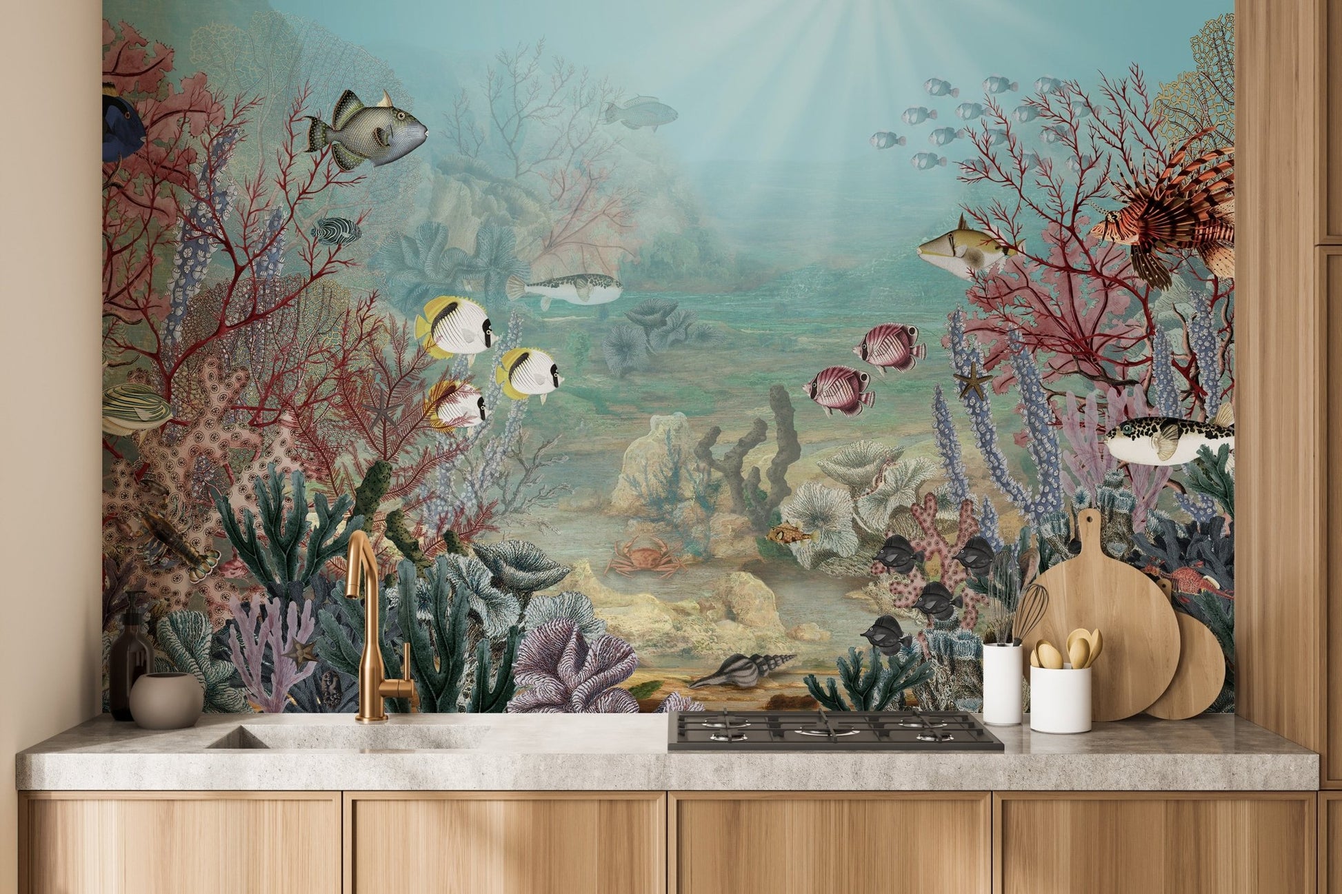Underwater coral reef with exotic sea life mural for kitchen wall.
