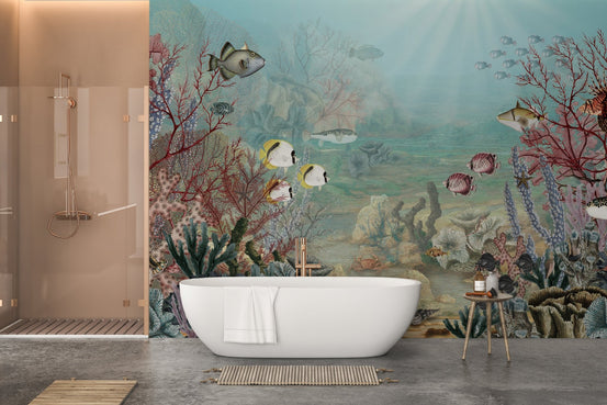 Vibrant coral creatures mural on a scenic ocean bathroom backdrop.
