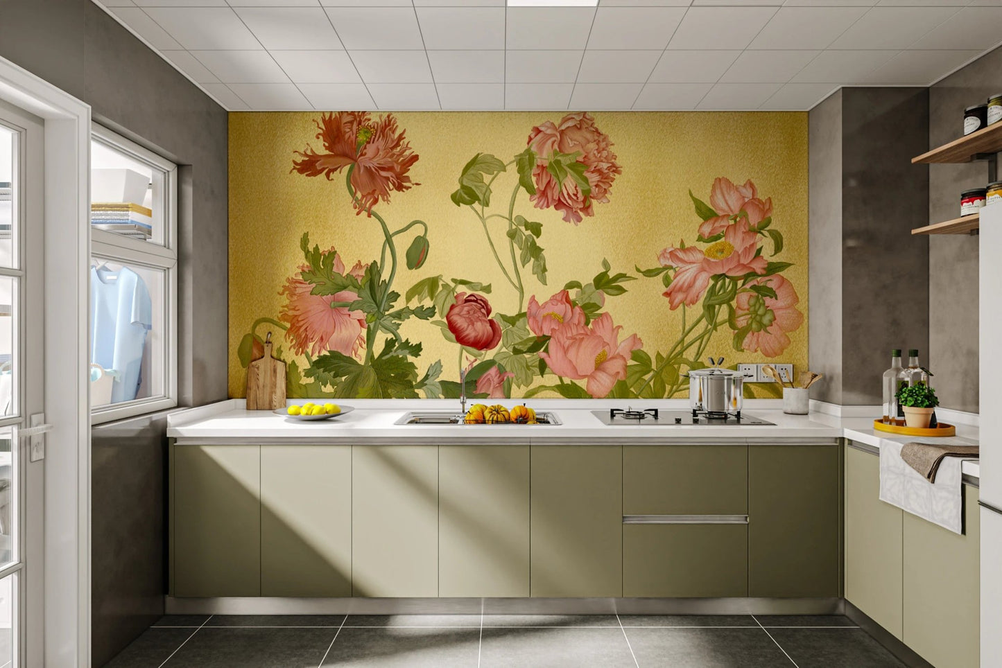 Botanical garden wall mural with green leaves and pink flowers in a bright kitchen
