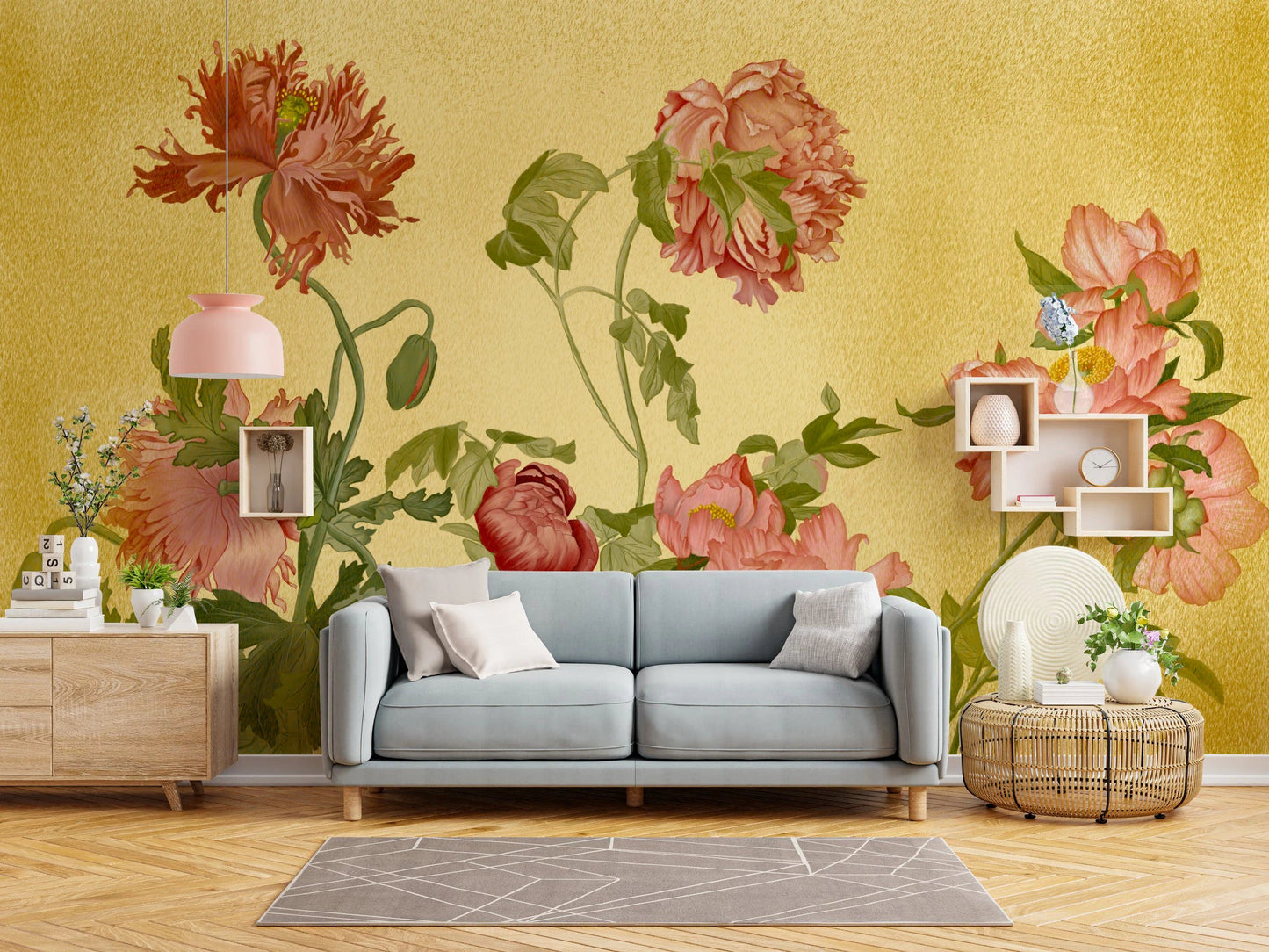 Coral Garden Symphony Wall Mural behind a light blue sofa in a well-lit room