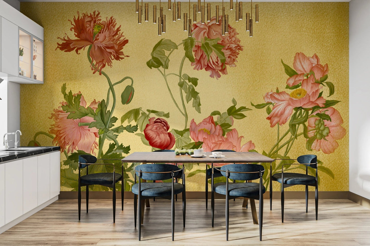 Dining room featuring a yellow coral wall mural with dark blue seating