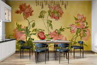 Dining room featuring a yellow coral wall mural with dark blue seating