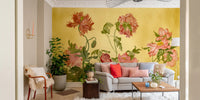 Floral garden pattern wall mural with mustard background in a contemporary living space