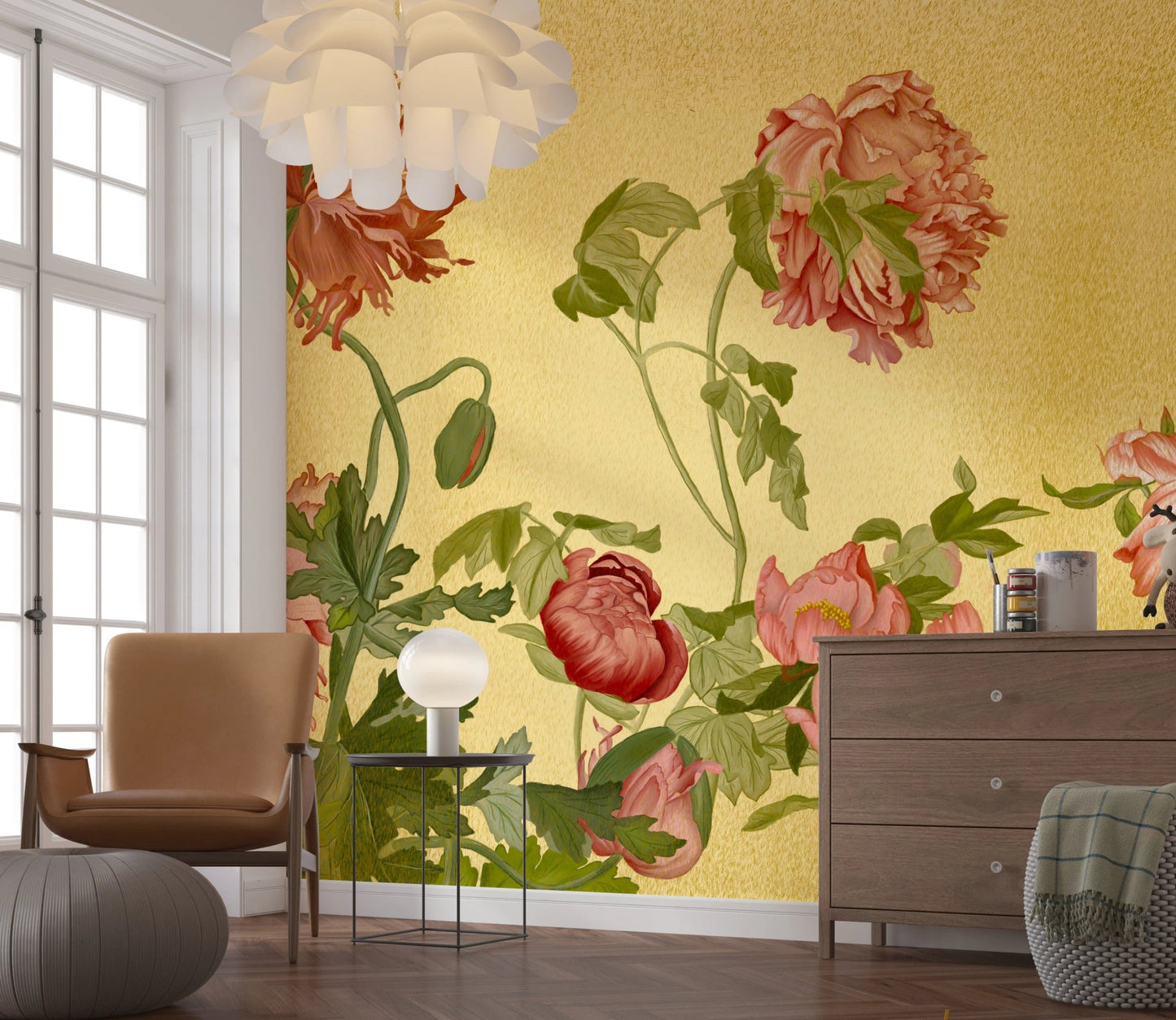 Coral Garden Symphony Wall Mural in a living room with a brown leather armchair