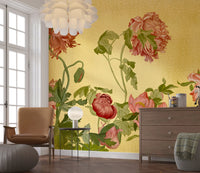 Coral Garden Symphony Wall Mural in a living room with a brown leather armchair