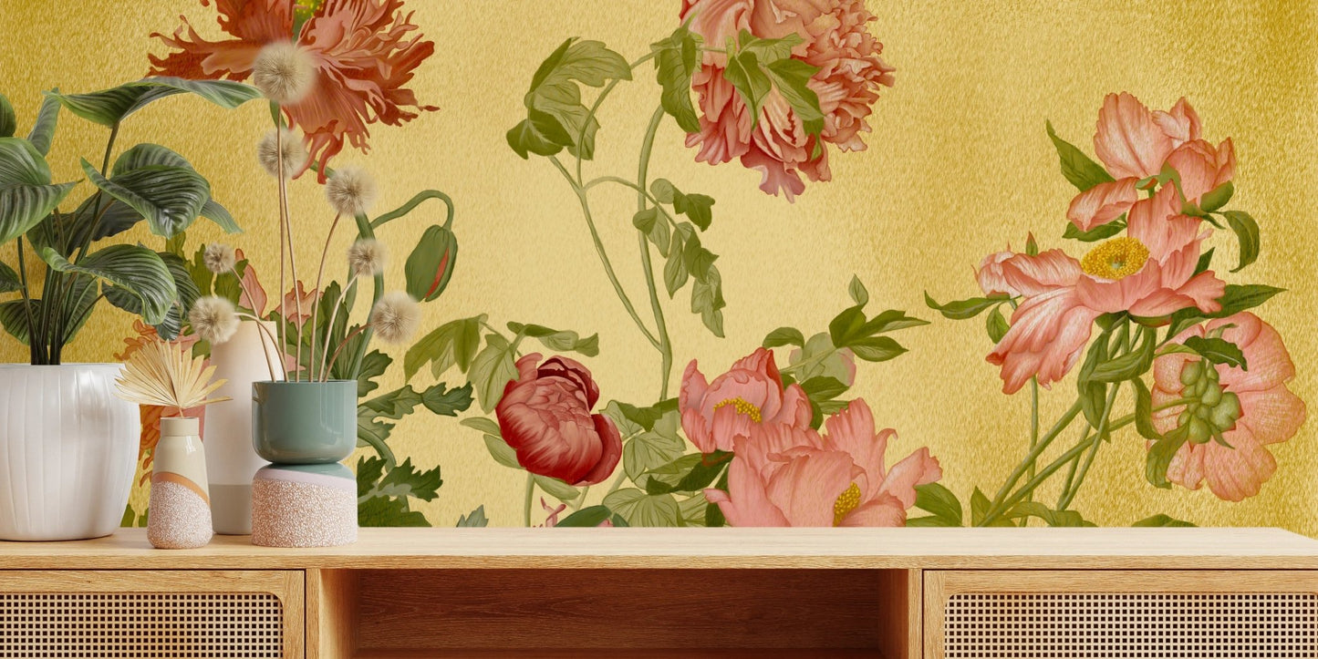 Coral Garden Symphony Wall Mural displayed behind a wooden console table