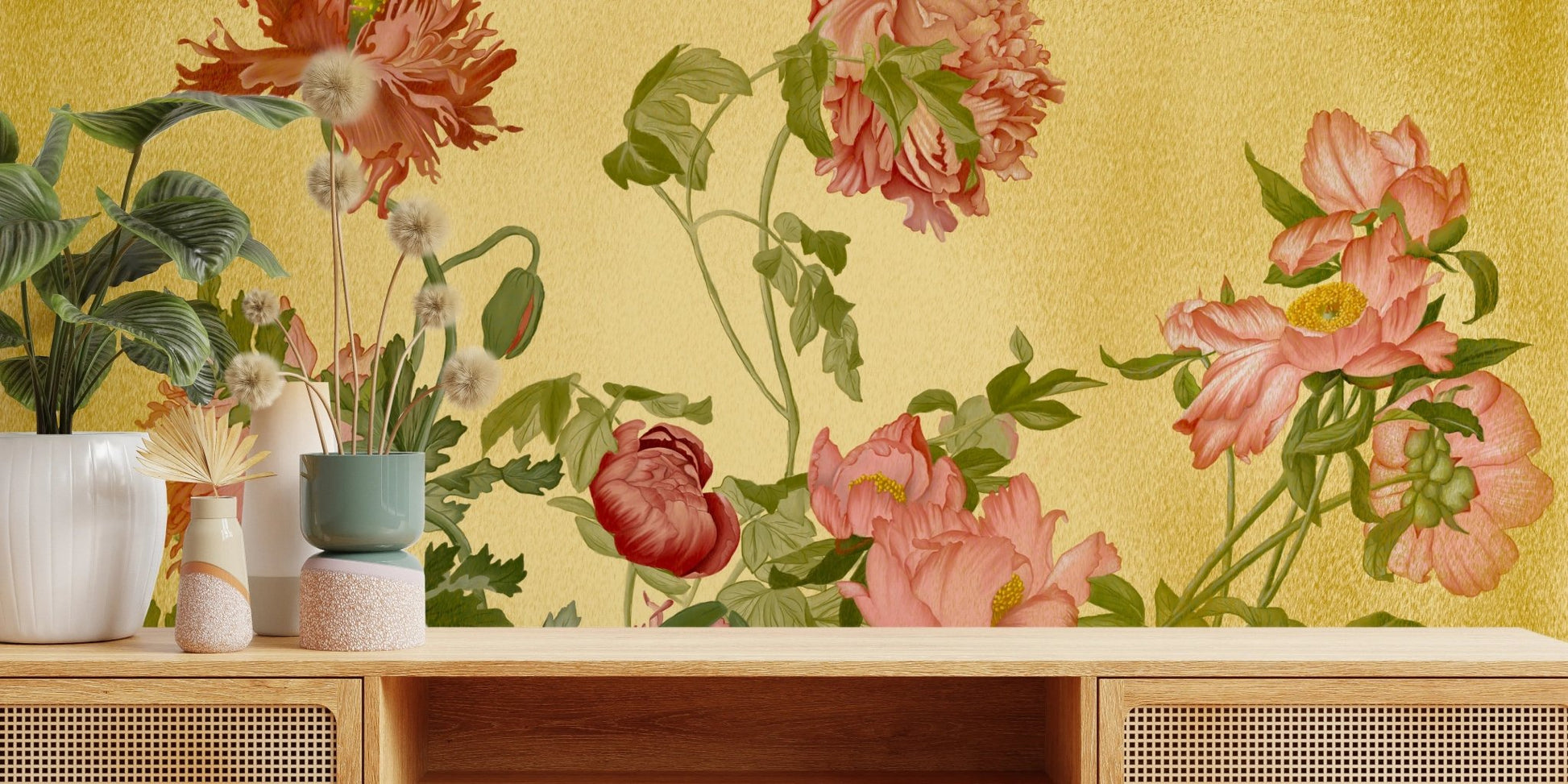 Coral Garden Symphony Wall Mural displayed behind a wooden console table