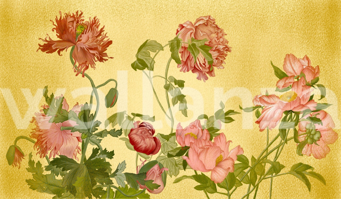 Full view of the Coral Garden Symphony Wall Mural with green stems and coral petals