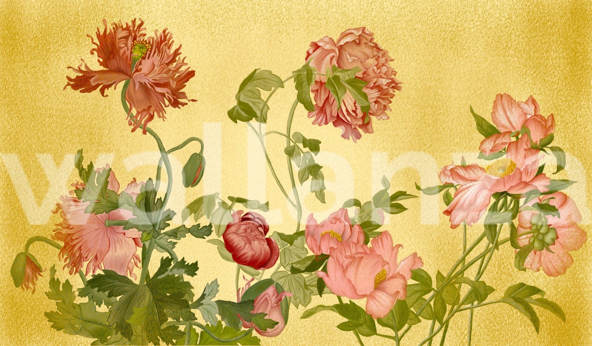 Full view of the Coral Garden Symphony Wall Mural with green stems and coral petals