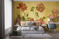 Yellow floral wall mural with coral blossoms in a modern bedroom setting