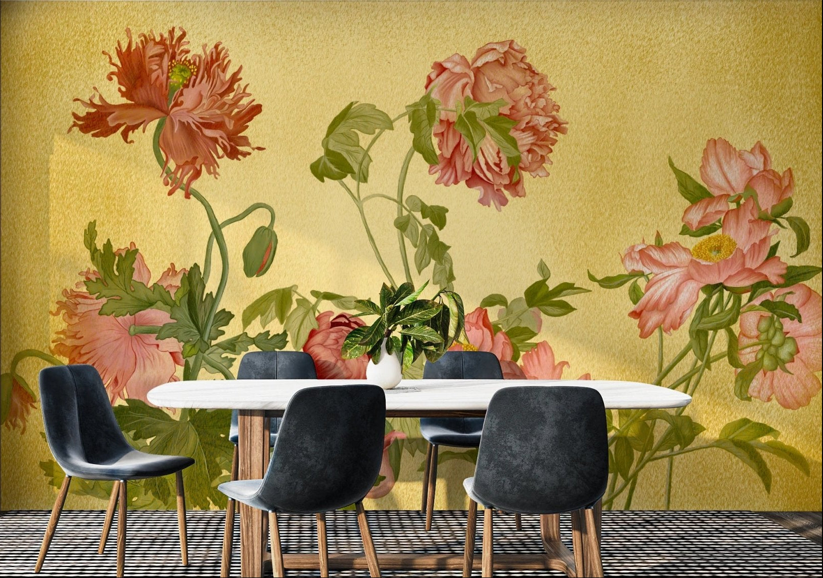 Coral Garden Symphony Wall Mural in a dining area with black chairs and white table
