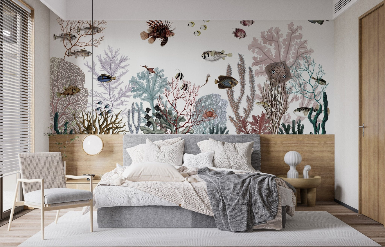 Coral kingdom mural with a captivating panoramic scene on bedroom backdrop.
