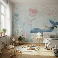 Nursery wall decor featuring soft reef and ocean details.