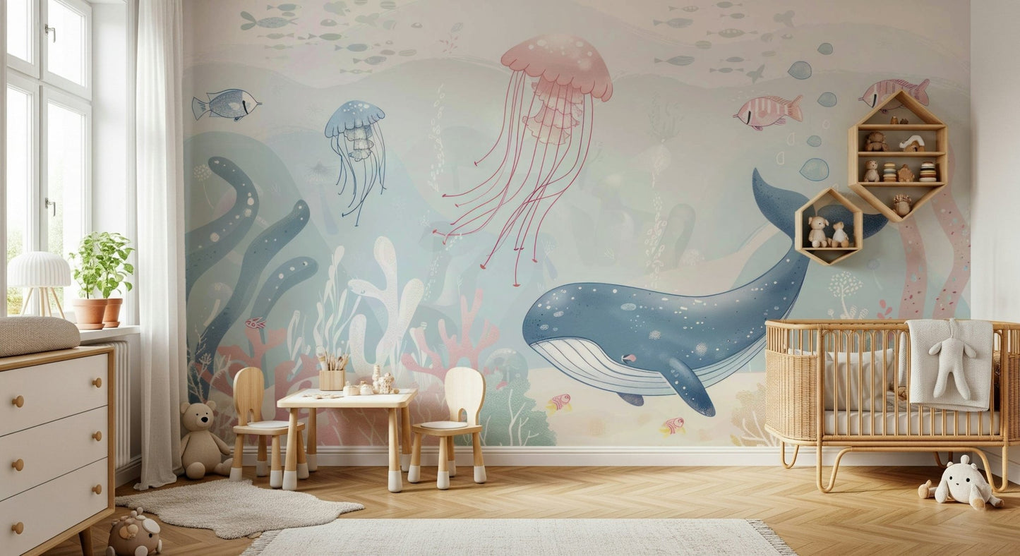 Quiet rhythmic aesthetic of Coral Reef Tales mural art.