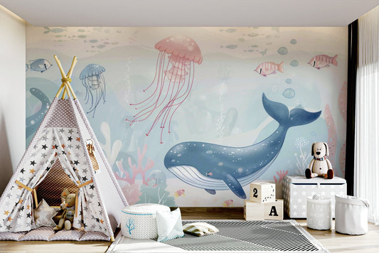 Pastel blue whale swimming amidst soft pink sea anemones wall mural.