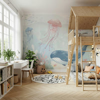 Light blue background with colorful coral for modern spaces.