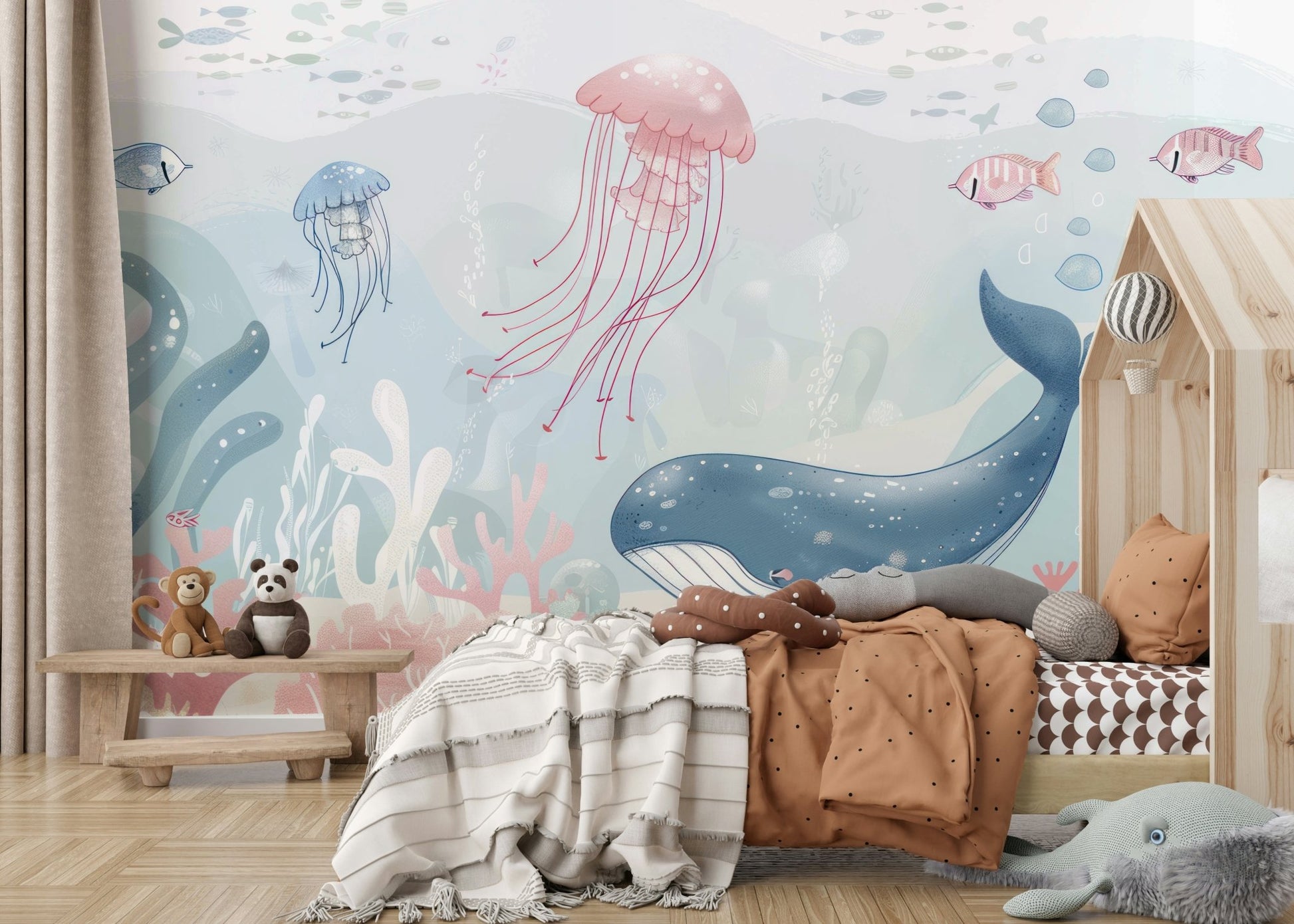 Moody ocean portrait on Coral Reef Tales accent wall.