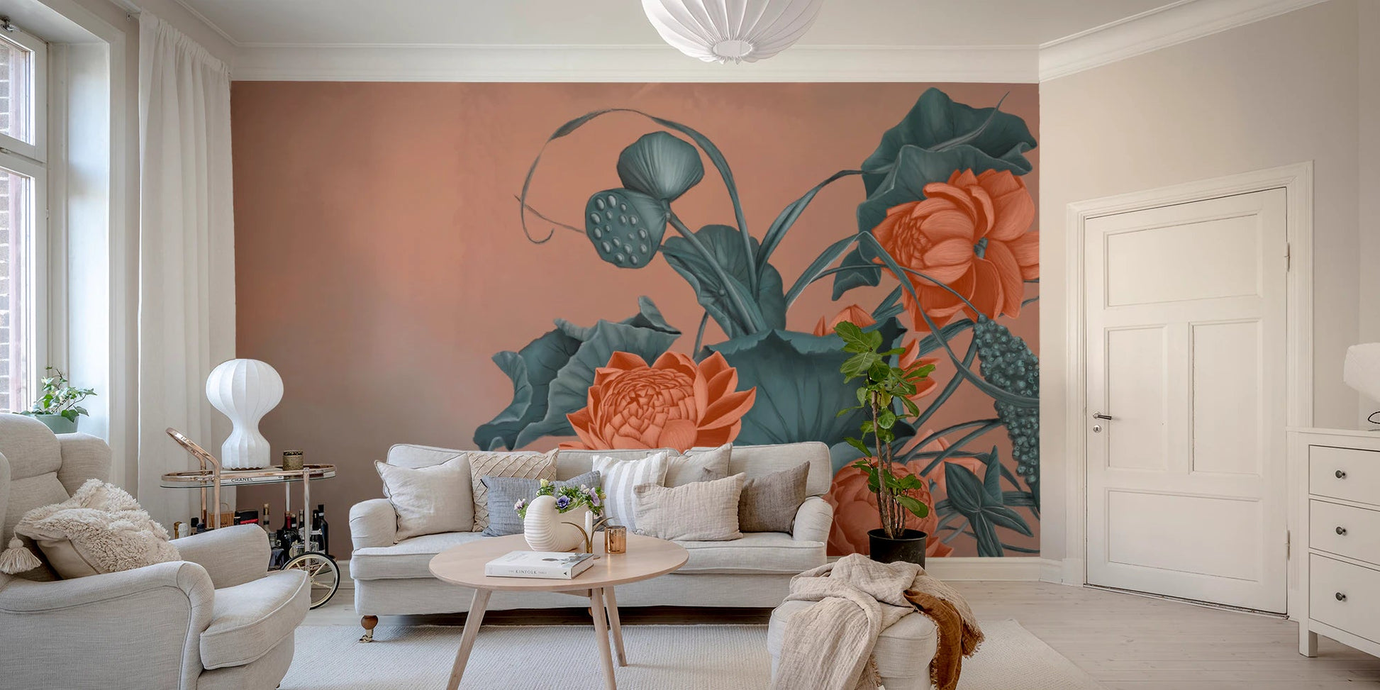 Bright living room interior with a teal and coral botanical wall mural design.