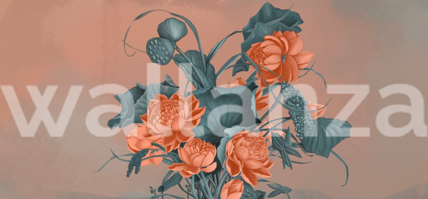 Wide shot of a decorative floral wall mural in a modern residential layout.