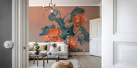 Modern living room background showcasing Coral Serenity Floral Harmony Wall Mural.
