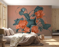 Bedroom wall mural featuring large orange harmony blooms and dark green foliage.