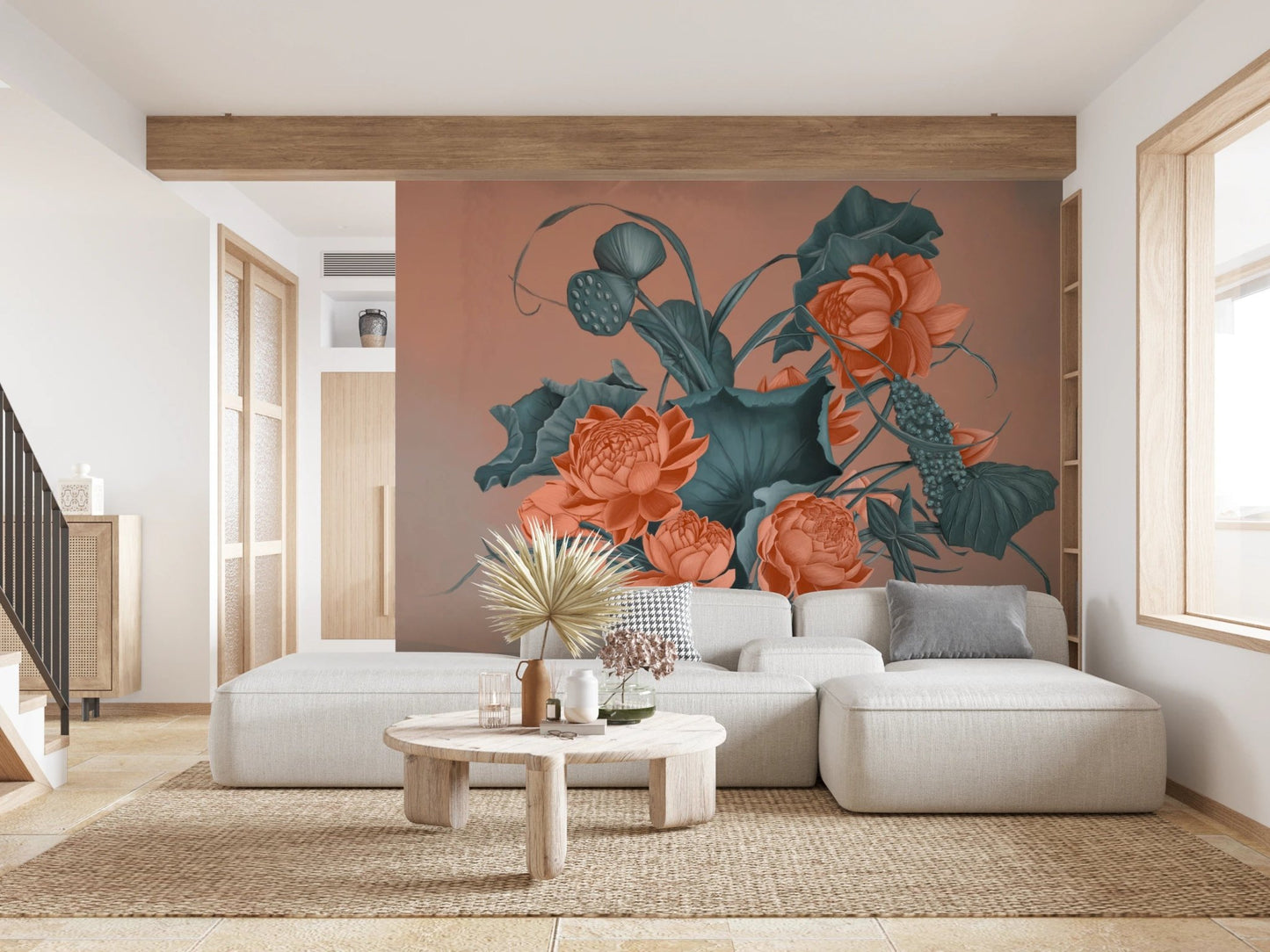 Spacious living with a large-scale botanical floral wall mural in warm earthy tones.