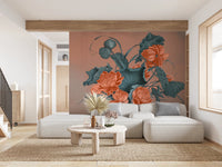 Spacious living with a large-scale botanical floral wall mural in warm earthy tones.