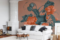 White sofa set against a large floral wall mural with teal leaf accents.