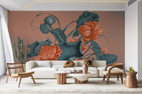 Neutral furniture paired with a Coral Serenity Floral Harmony Wall Mural.