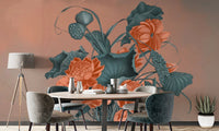 Dining room mural with coral flowers and teal leaves on a terracotta wall.
