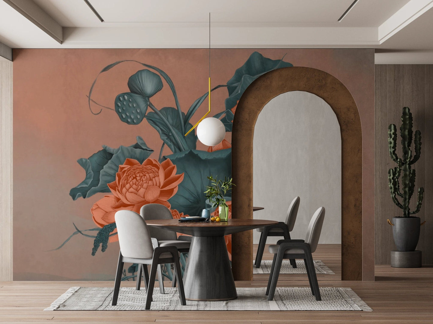 Minimalist dining area with a floral wall mural and wooden furniture.